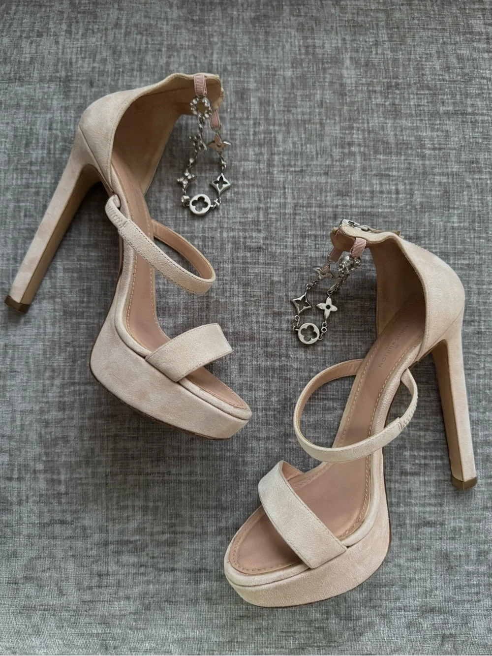 Louis Vuitton Appeal Crystal Monogram Suede Platform Heels Nude 36